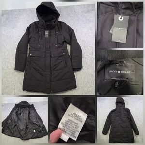 Lucky Brand Coat Womens Large Black Faux Fur Lined Hooded Quilted Parka Jacket